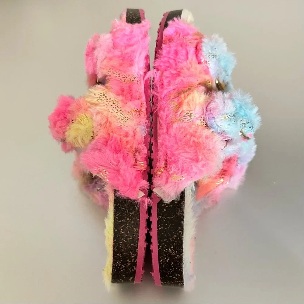 Cozy Pastel Rainbow Fuzzy Double-Strap Slip-On Slides Soft Plush Sandals Sz 4–5